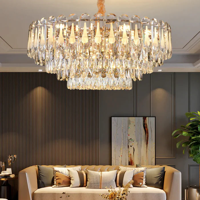Lustre à plusieurs niveaux en cristal transparent surdimensionné, idéal pour le salon, la salle à manger ou la chambre à coucher