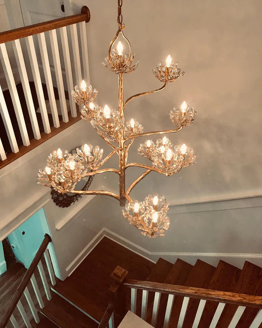 Lampadario di lusso con fiori e rami dorati per soggiorno/scala/camera da letto