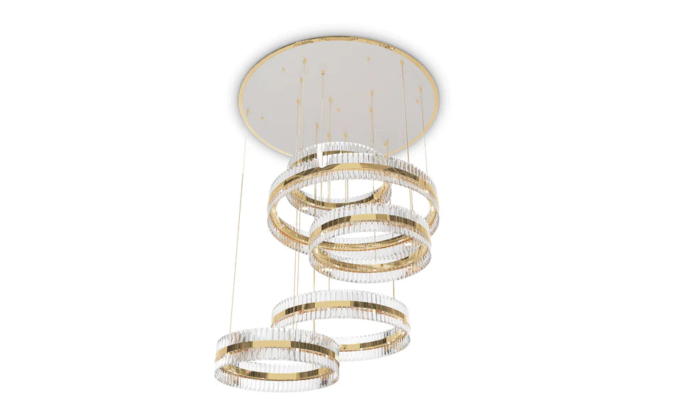 Lustre en cristal de luxe moderne à 5 anneaux, finition dorée, pour escalier