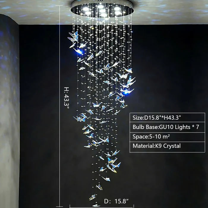 Lustre papillon flottant en cristal K9 de style nord-européen pour plafond haut