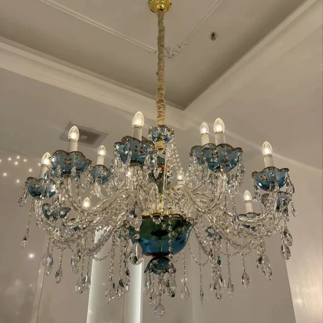 Lampadario di design francese romantico in cristallo blu, lampadario moderno a forma di candela, per camera da letto/soggiorno/sala da pranzo.