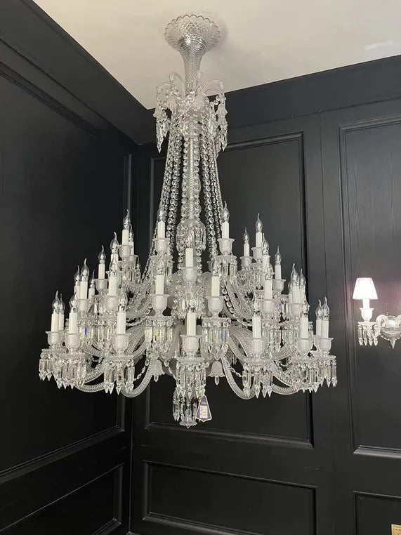 Lustre en cristal léger et luxueux, version longue, à plusieurs niveaux, idéal pour les pièces à haut plafond ou les salons