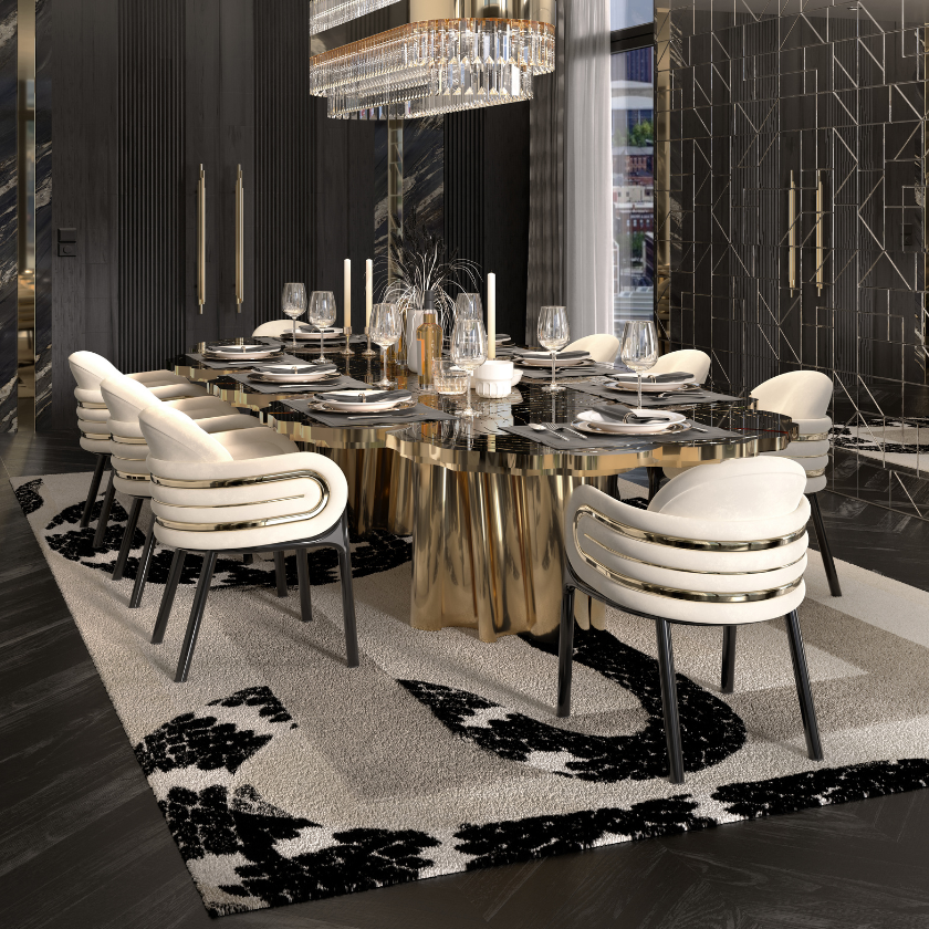 Chaise blanche chic et moderne pour salle à manger avec des éléments dorés saisissants