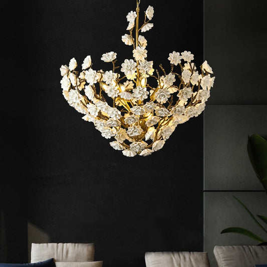 Post-Modern Light Luxury Brass and Ceramics Flower Art Chandelier for Living/Dining Room/Bedside/Hallway