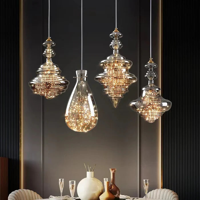 Lampada a sospensione moderna in vetro grigio con cielo stellato per sala da pranzo/bar/isola della cucina