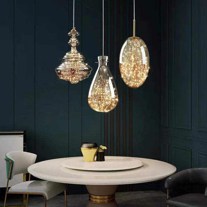 Lampada a sospensione moderna in vetro grigio con cielo stellato per sala da pranzo/bar/isola della cucina