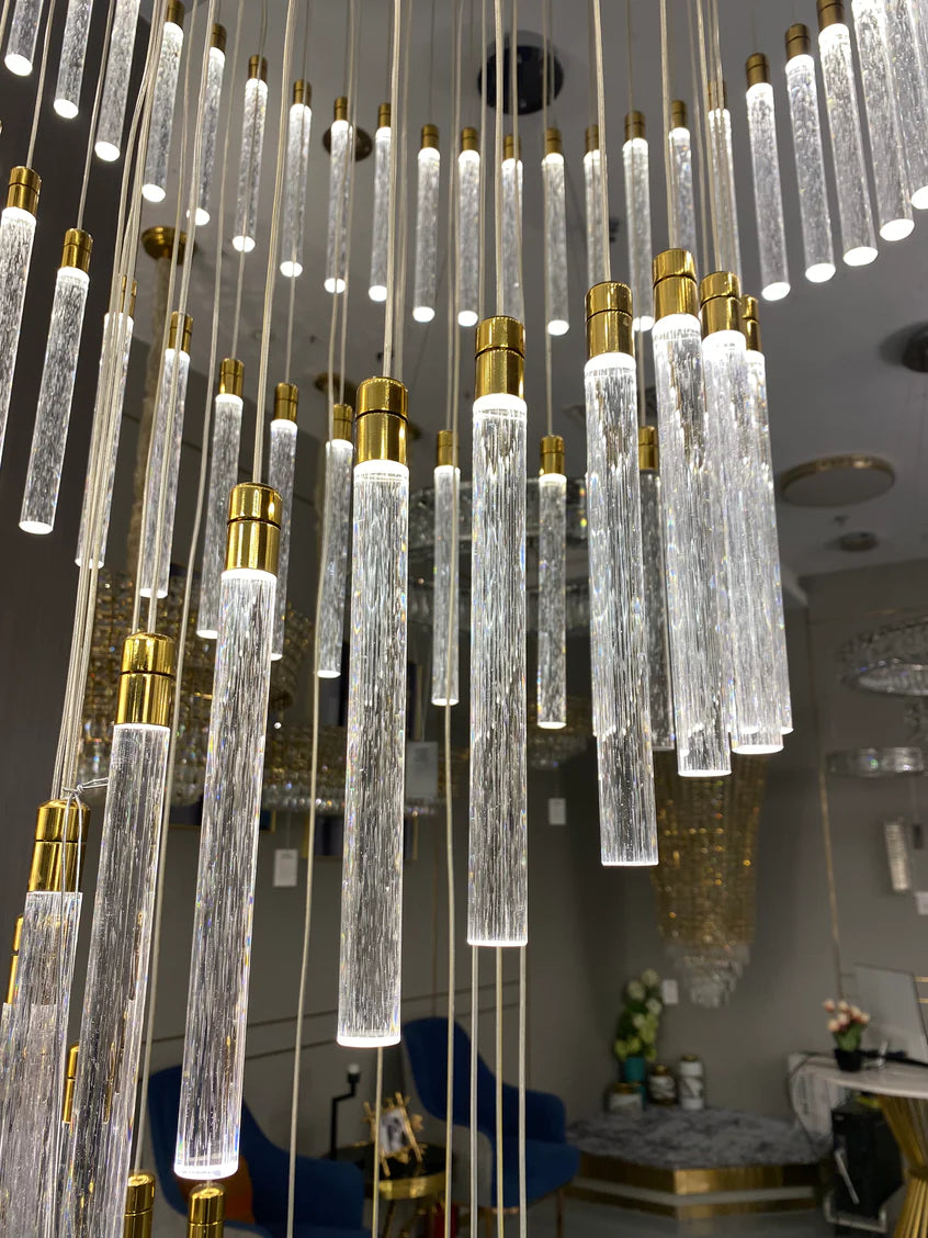 Modern Spiral Bubble Crystal Glass Rods Chandelier in Champagne Gold Finish for Staircase/Foyer/Villa