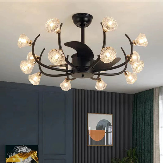 Black Fan Light Branch Facet Diamond Crystal Fan Blade Chandelier for Living/Dining Room/Bedroom