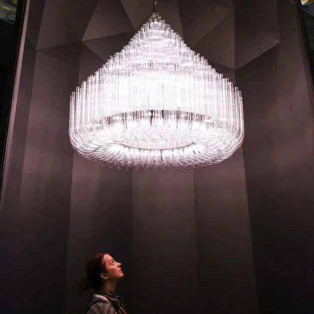 Lampadario moderno extra large a tubi di vetro trasparente per soggiorno/hall di hotel