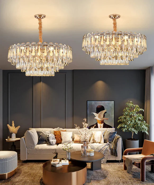 Lustre à plusieurs niveaux en cristal transparent surdimensionné, idéal pour le salon, la salle à manger ou la chambre à coucher
