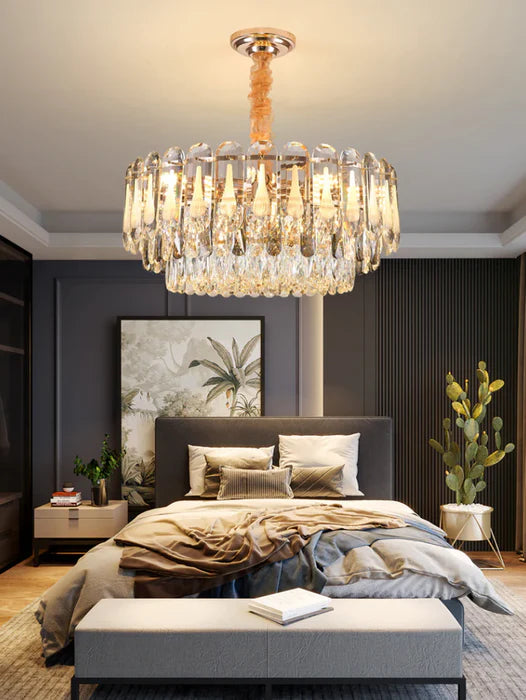 Lustre à plusieurs niveaux en cristal transparent surdimensionné, idéal pour le salon, la salle à manger ou la chambre à coucher