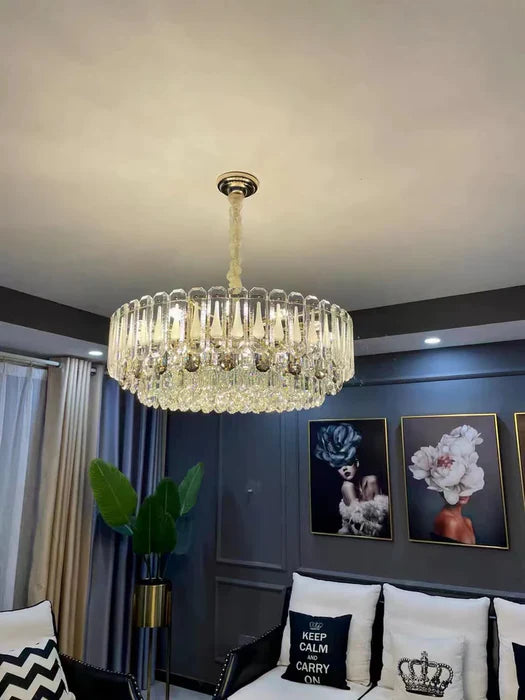 Lustre à plusieurs niveaux en cristal transparent surdimensionné, idéal pour le salon, la salle à manger ou la chambre à coucher