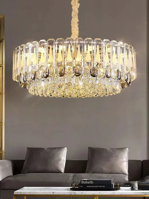 Lustre à plusieurs niveaux en cristal transparent surdimensionné, idéal pour le salon, la salle à manger ou la chambre à coucher