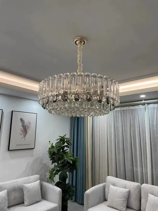 Lustre à plusieurs niveaux en cristal transparent surdimensionné, idéal pour le salon, la salle à manger ou la chambre à coucher