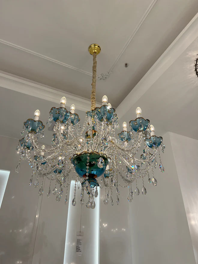 Lampadario di design francese romantico in cristallo blu, lampadario moderno a forma di candela, per camera da letto/soggiorno/sala da pranzo.