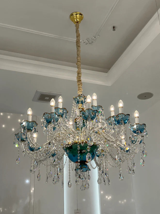 Lampadario di design francese romantico in cristallo blu, lampadario moderno a forma di candela, per camera da letto/soggiorno/sala da pranzo.