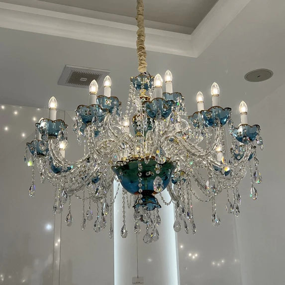 Lampadario di design francese romantico in cristallo blu, lampadario moderno a forma di candela, per camera da letto/soggiorno/sala da pranzo.