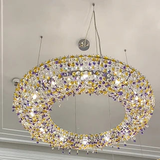 Lampadario di lusso con perline di cristallo colorate a cerchio eccentrico unico, lampada da soffitto per soggiorno, sala da pranzo