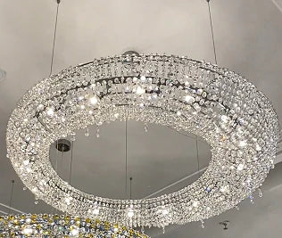 Lampadario di lusso con perline di cristallo colorate a cerchio eccentrico unico, lampada da soffitto per soggiorno, sala da pranzo