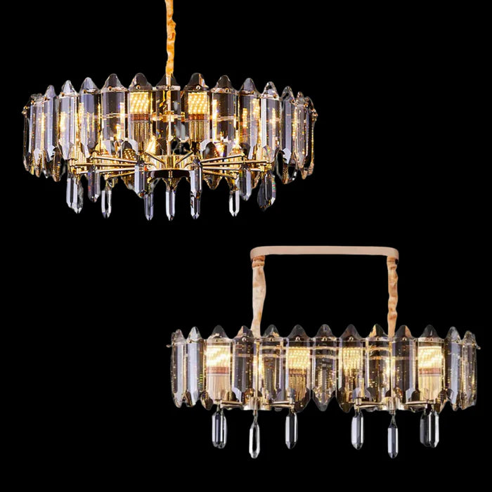 Lampadario moderno ed elegante in cristallo trasparente dorato, adatto per sala da pranzo/soggiorno