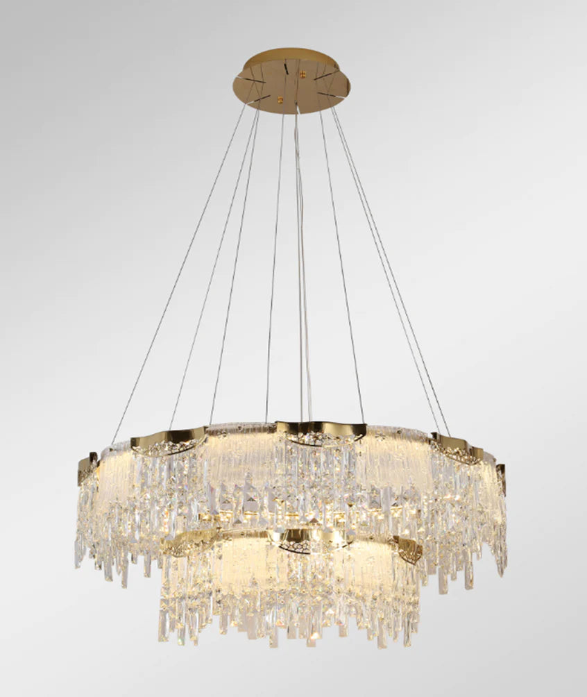 Lampadario moderno di lusso a 1/2 livelli, rotondo/rettangolare, in cristallo, finitura oro champagne, per soggiorno/sala da pranzo/camera da letto