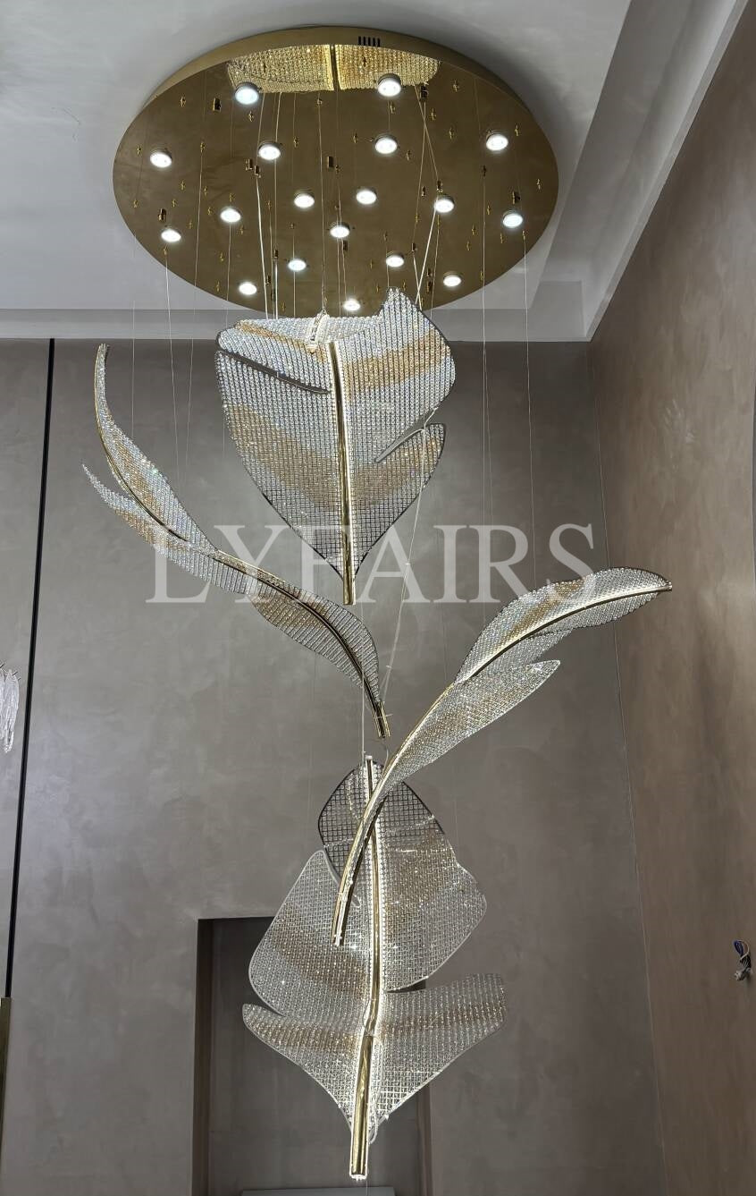 Lampadario moderno con foglie di cristallo galleggianti per soffitti alti