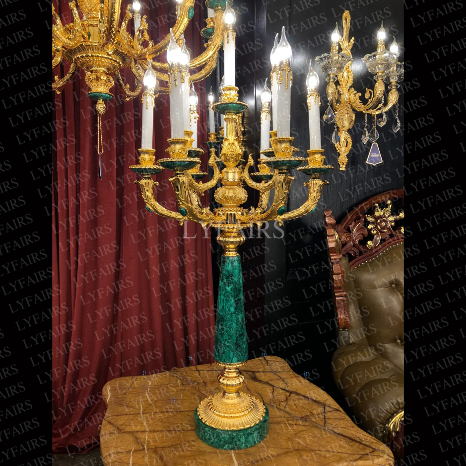Luxury Vintage Top De-Waxed Crafted 10-Candle Malachite Table Lamp
