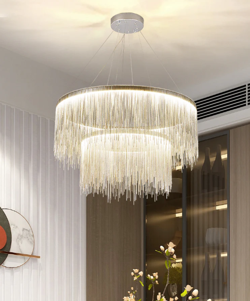 Extra Large Round Aluminum Tassel Chain Chandelier for Living/Dining Room/Villa/Duplex Hall