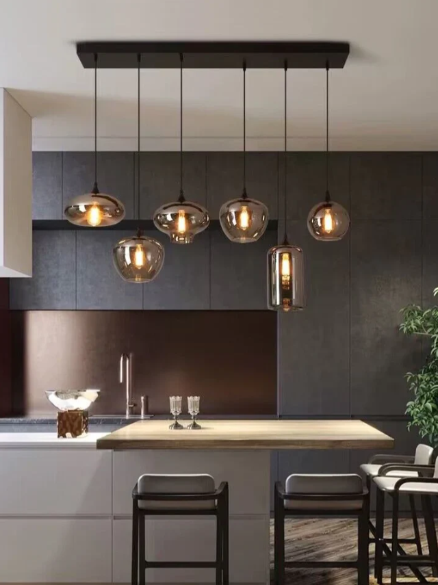 Lampadario in vetro grigio fumé per bar/sala da pranzo