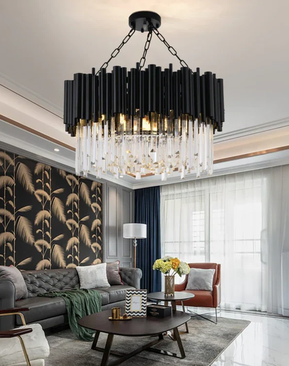 Modern Round Black Tube Crystal Chandelier for Low Ceiling