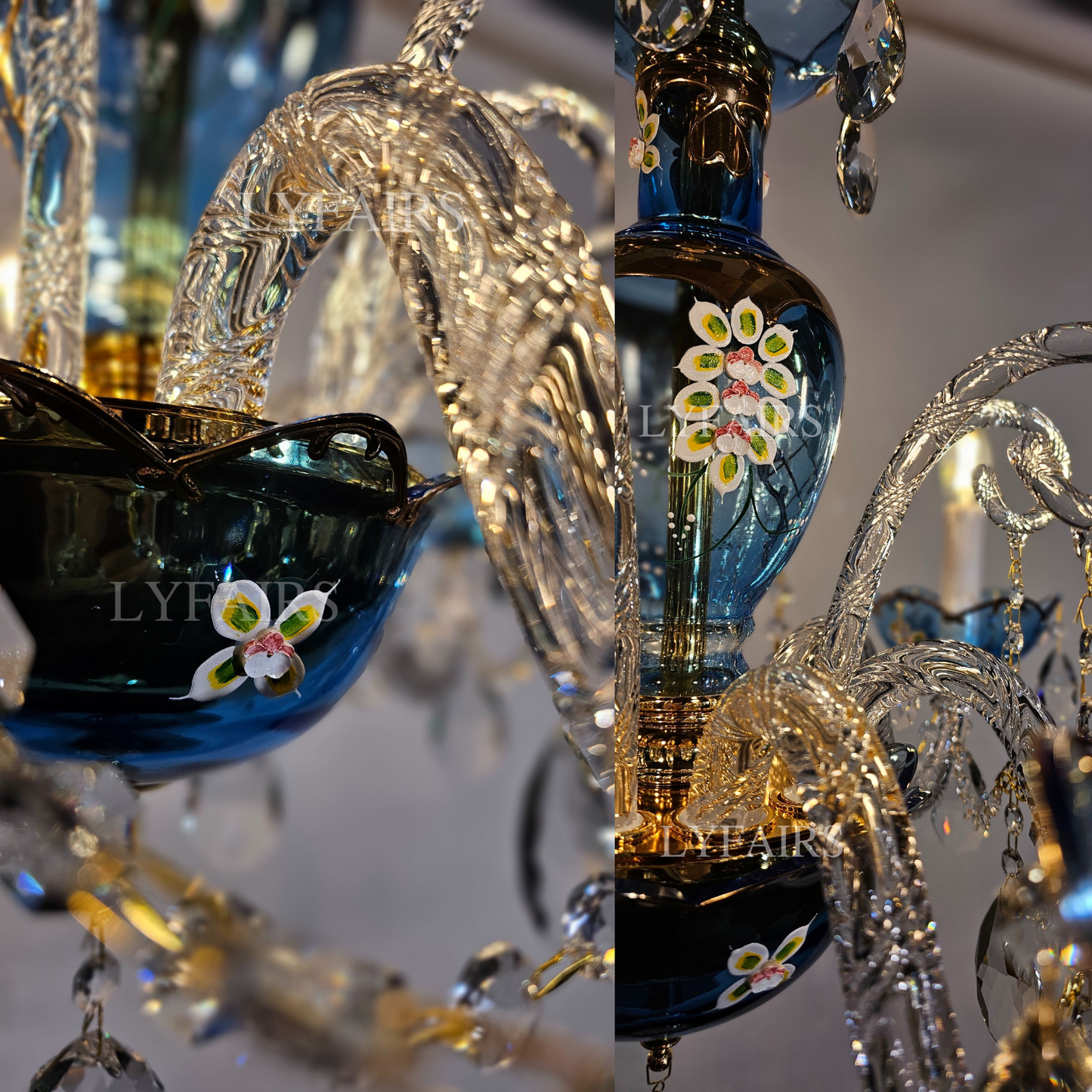 French Romantic Blue Crystal Designer Chandelier Modern Art Candle Branch Light Fixture for Bedroom/Living Room/Dining Room