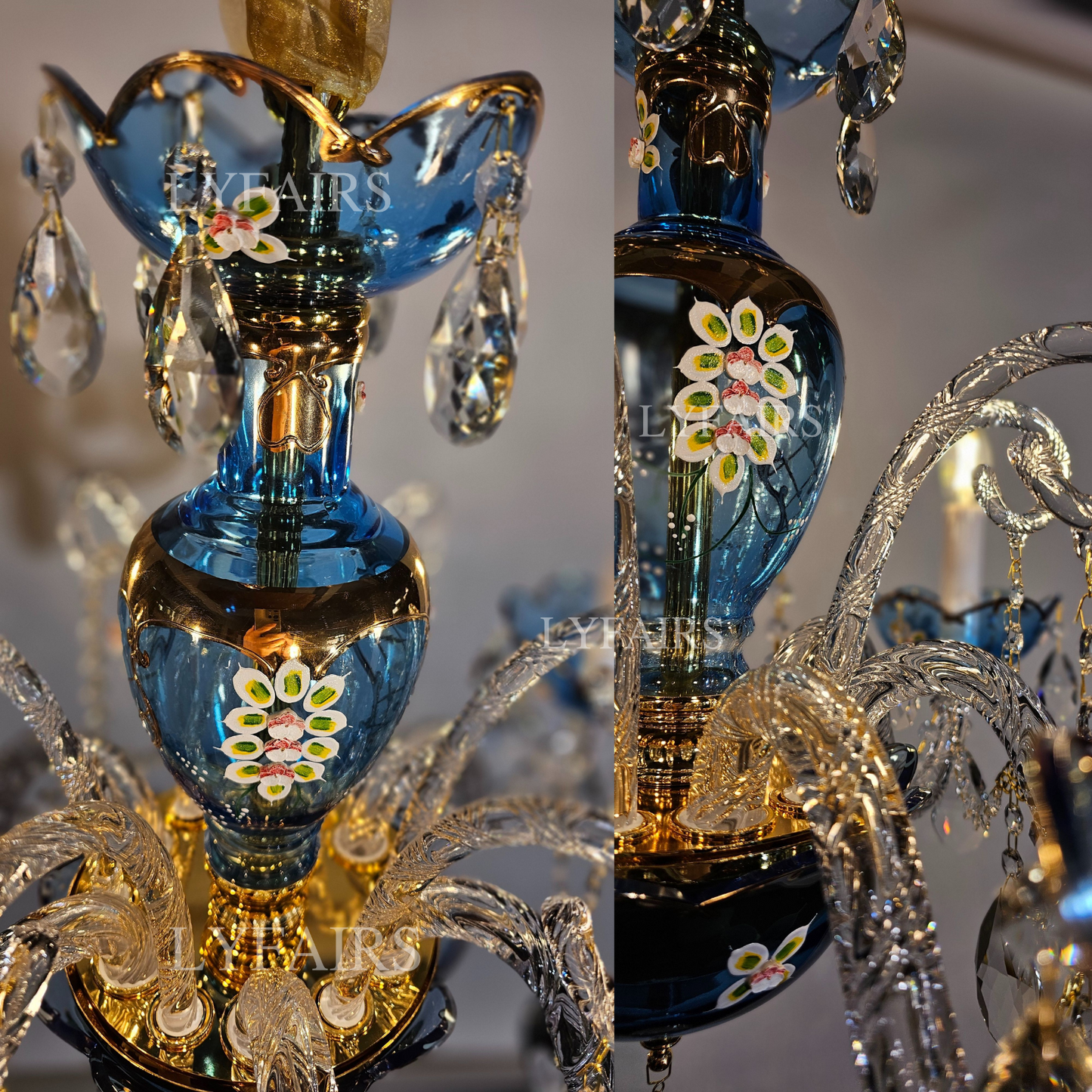 French Romantic Blue Crystal Designer Chandelier Modern Art Candle Branch Light Fixture for Bedroom/Living Room/Dining Room