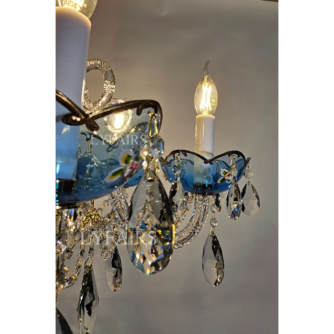 French Romantic Blue Crystal Designer Chandelier Modern Art Candle Branch Light Fixture for Bedroom/Living Room/Dining Room
