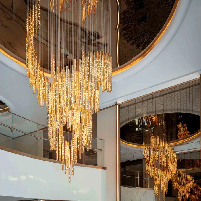 Lustre en tube de verre inspiré des feuilles flottantes, design d'art moderne, pour plafond haut