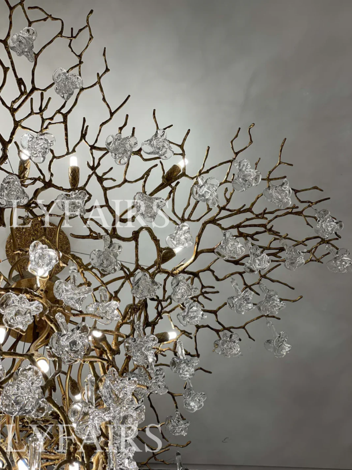 Nature-inspired Brass Tree Chandelier with Glazed Glass Flowers