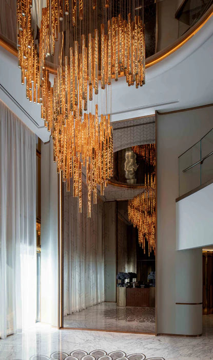Lustre en tube de verre inspiré des feuilles flottantes, design d'art moderne, pour plafond haut