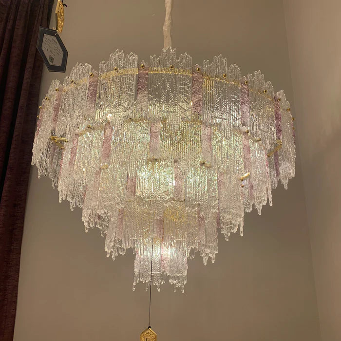 Lustre rond en cristal rose/bleu à 5 niveaux, de luxe et léger, pour salon/chambre