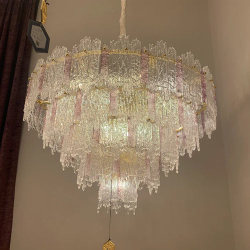 Lustre rond en cristal rose/bleu à 5 niveaux, de luxe et léger, pour salon/chambre