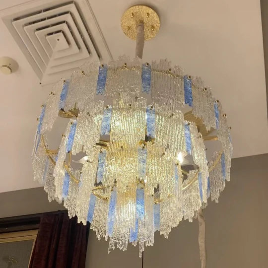 Lustre rond en cristal rose/bleu à 5 niveaux, de luxe et léger, pour salon/chambre