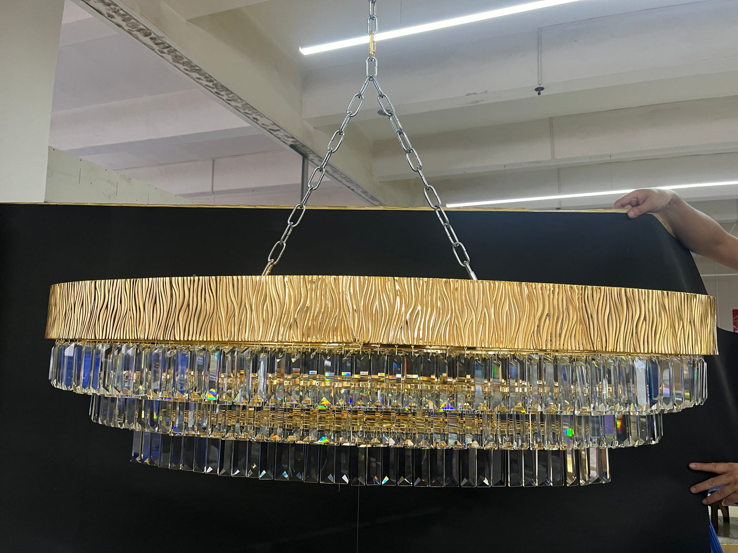 Lustre de plafond rond/ovale en cristal doré, luxueux et moderne, surdimensionné, pour salon/salle à manger