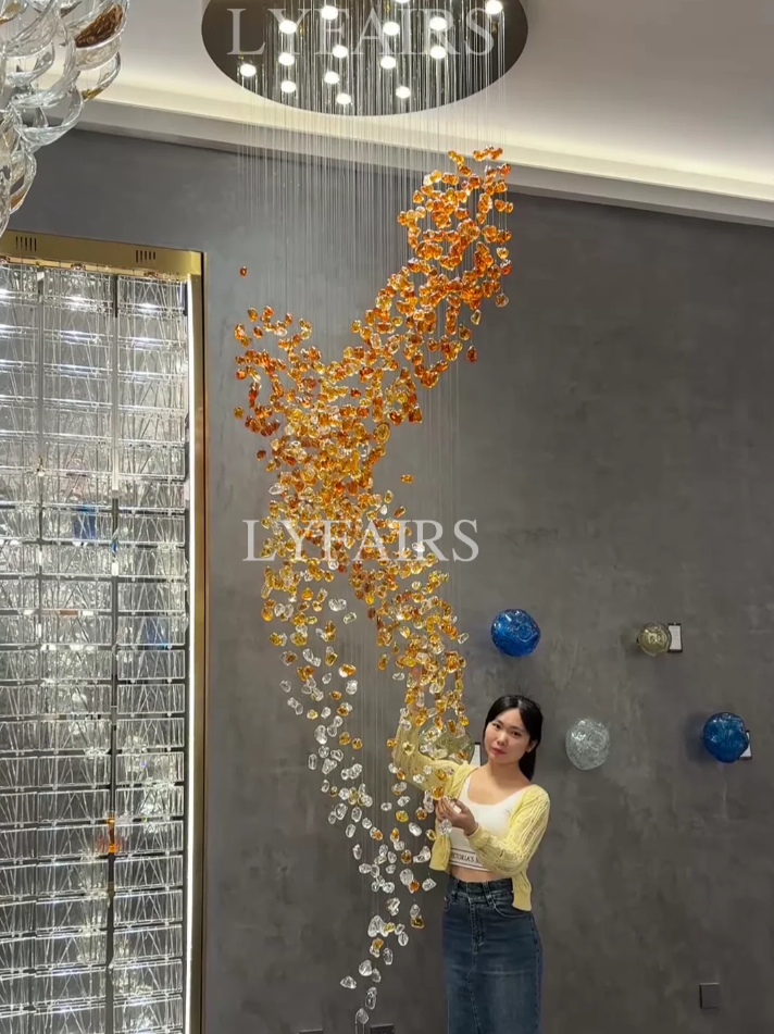 Modern Cascading Spiral Orange Glazed Glass Stone Chandelier for High Ceiling