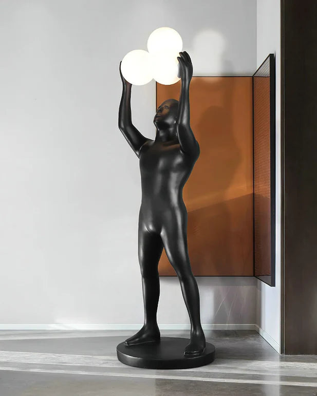 Lampada da terra con statua porta luce nera