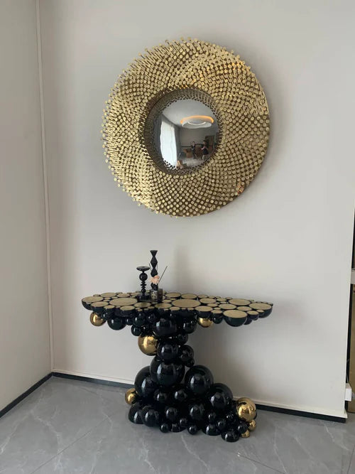 Table d'entrée/console de luxe design à bulles noires et dorées