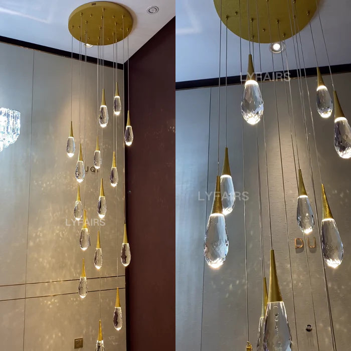 Lustre moderne en cristal flottant en forme de goutte d'eau pour plafond haut
