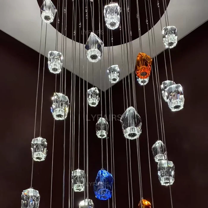Lustre moderne en cristal irrégulier flottant transparent/bleu/ambre pour plafond haut