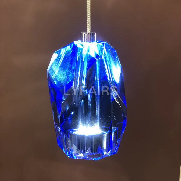 Lustre moderne en cristal irrégulier flottant transparent/bleu/ambre pour plafond haut