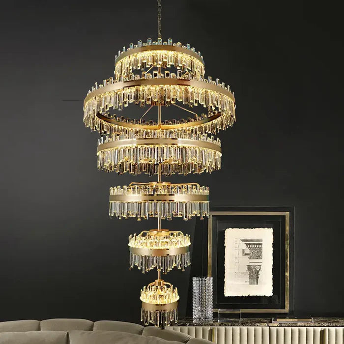 Lustre en cristal de luxe à 6 niveaux pour plafond haut