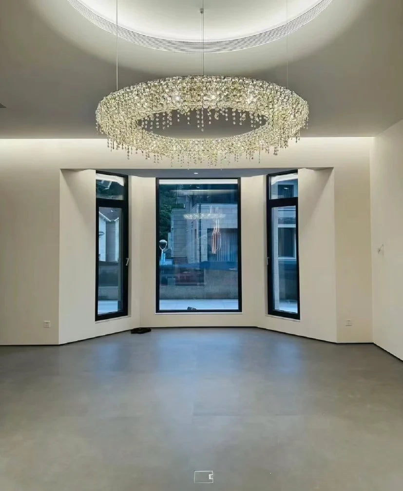Lampadario di lusso con perline di cristallo colorate a cerchio eccentrico unico, lampada da soffitto per soggiorno, sala da pranzo