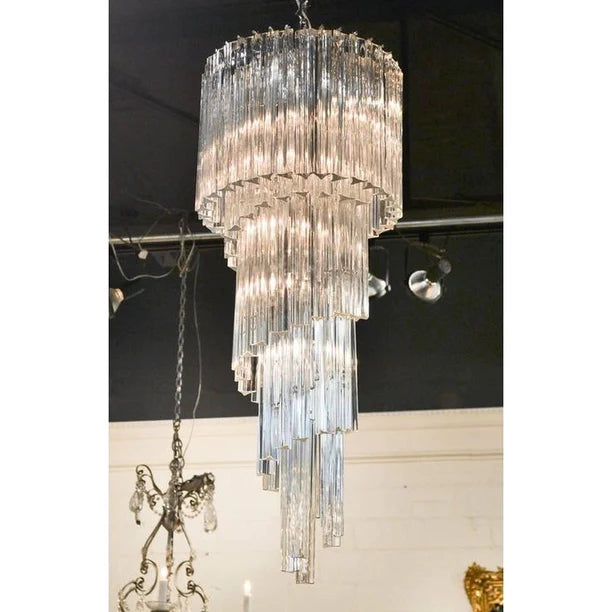 Lustre en spirale en cascade de verre rose/transparent de style milieu de siècle
