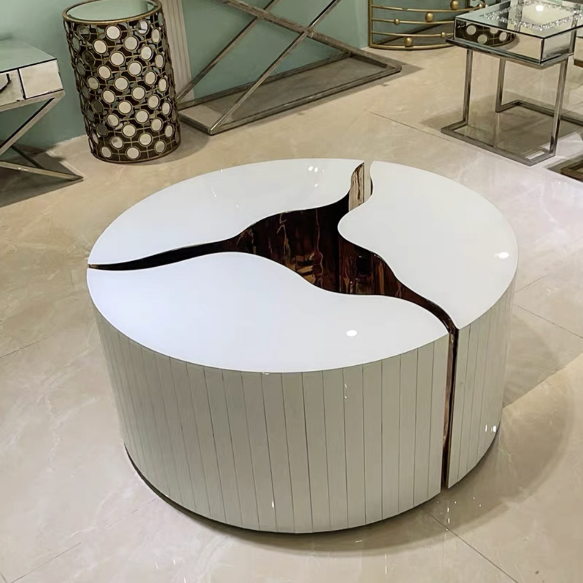 Table basse ronde de luxe 3 pièces en or craquelé